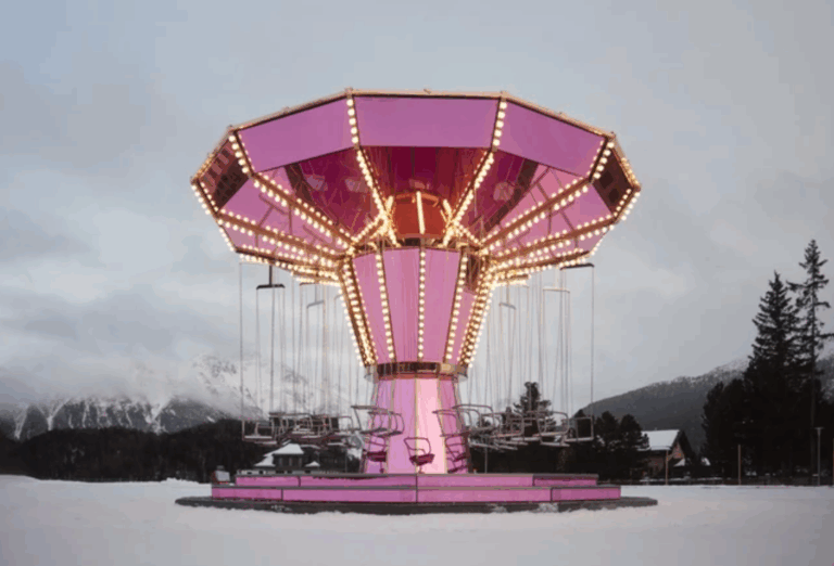 Pink Mirror Carousel and art piece and playground by Carsten Höller