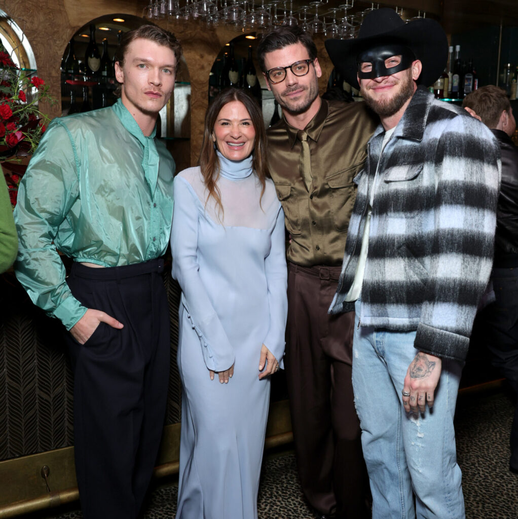 Connor Storrie, Sarah Harrelson, Francois Arnaud, and Orville Peck stand for a portrait at the Connor Storrie cover launch dinner in LA