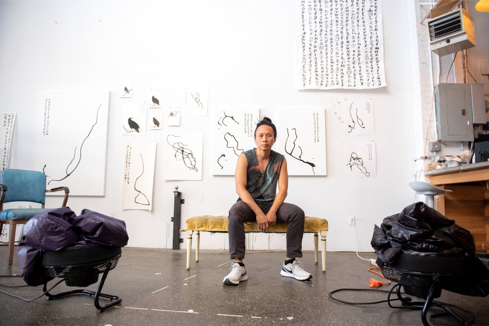 Digital artist Paul Chan with his breathers sculptures