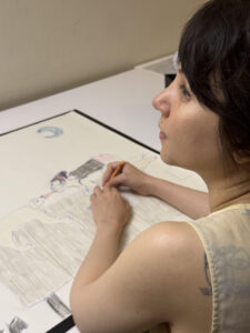 Emilie Louise Gossiaux, portrait of the artist drawing