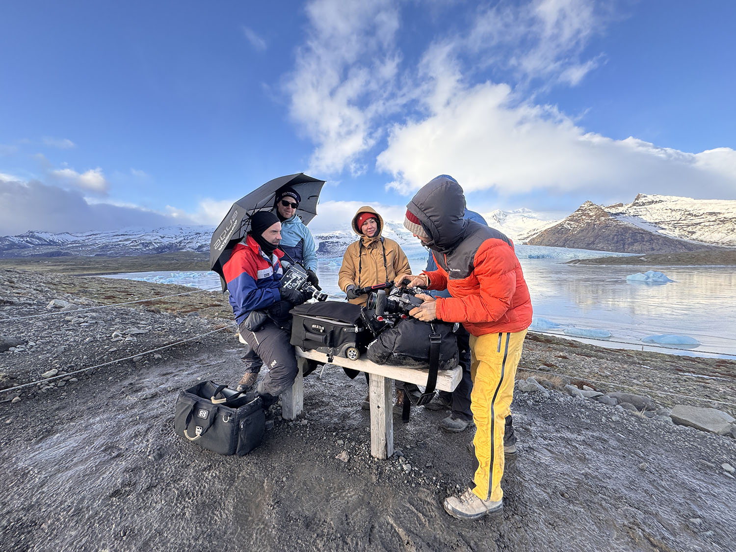 Pablo Alvarez Mesa, Thordur Jonsson, Sara Dosa and Róbert Magnússon during production of Time and Water in Iceland