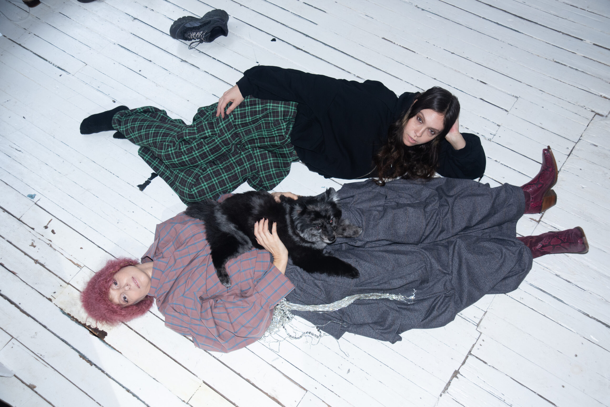 Portrait of Camille Henrot and Hillary Taymour wearing Collina Strada in New York