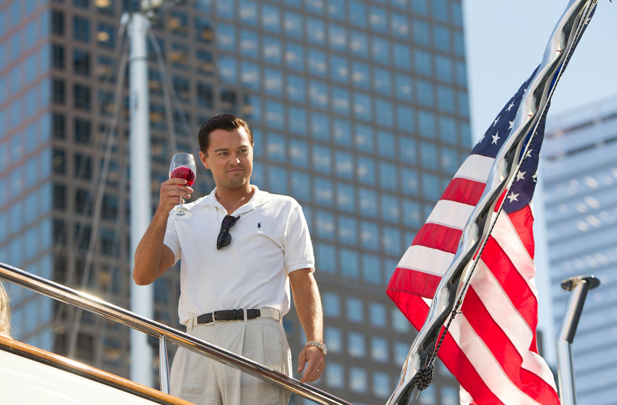Leonardo DiCaprio in the Wolf of Wall Street adapted from the book by Jordan Belfort