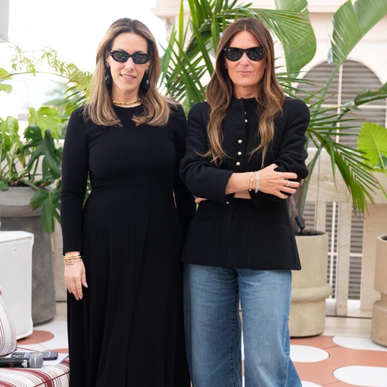 Mary Katrantzou and Sarah Harrelson pose for a portrait