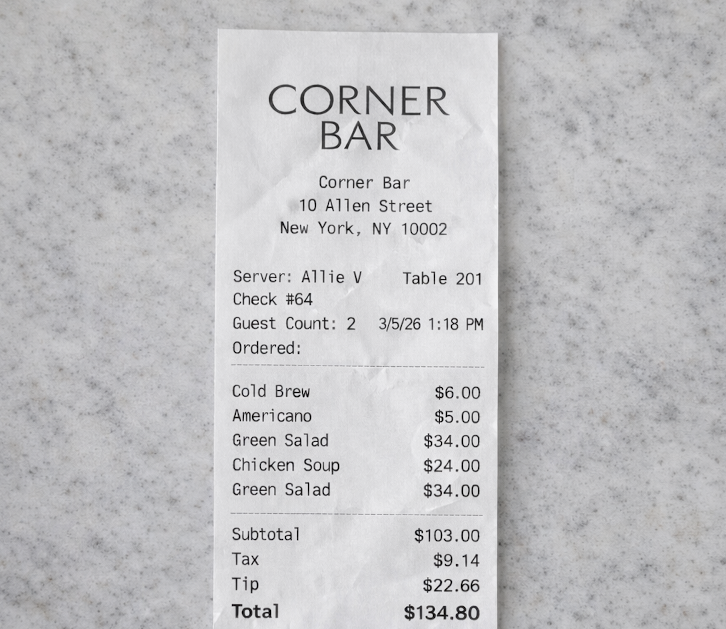 Receipt from Corner Bar.