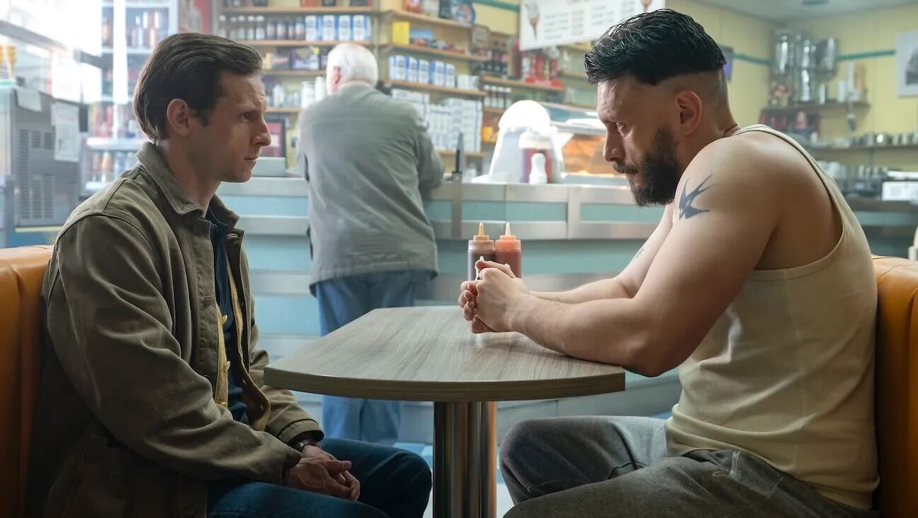 richard-gadd-jamie-bell-half-man Richard Gadd and Jamie Bell at a table in a diner in Half Man
