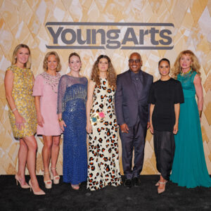 Sarah Arison, Michi Jigarjian, Gillian Hearst, Marisa Tomei, Glenn Ligon, Misty Copeland, Sandy Tamer pose for a portrait at the 2026 YoungArts New York Gala