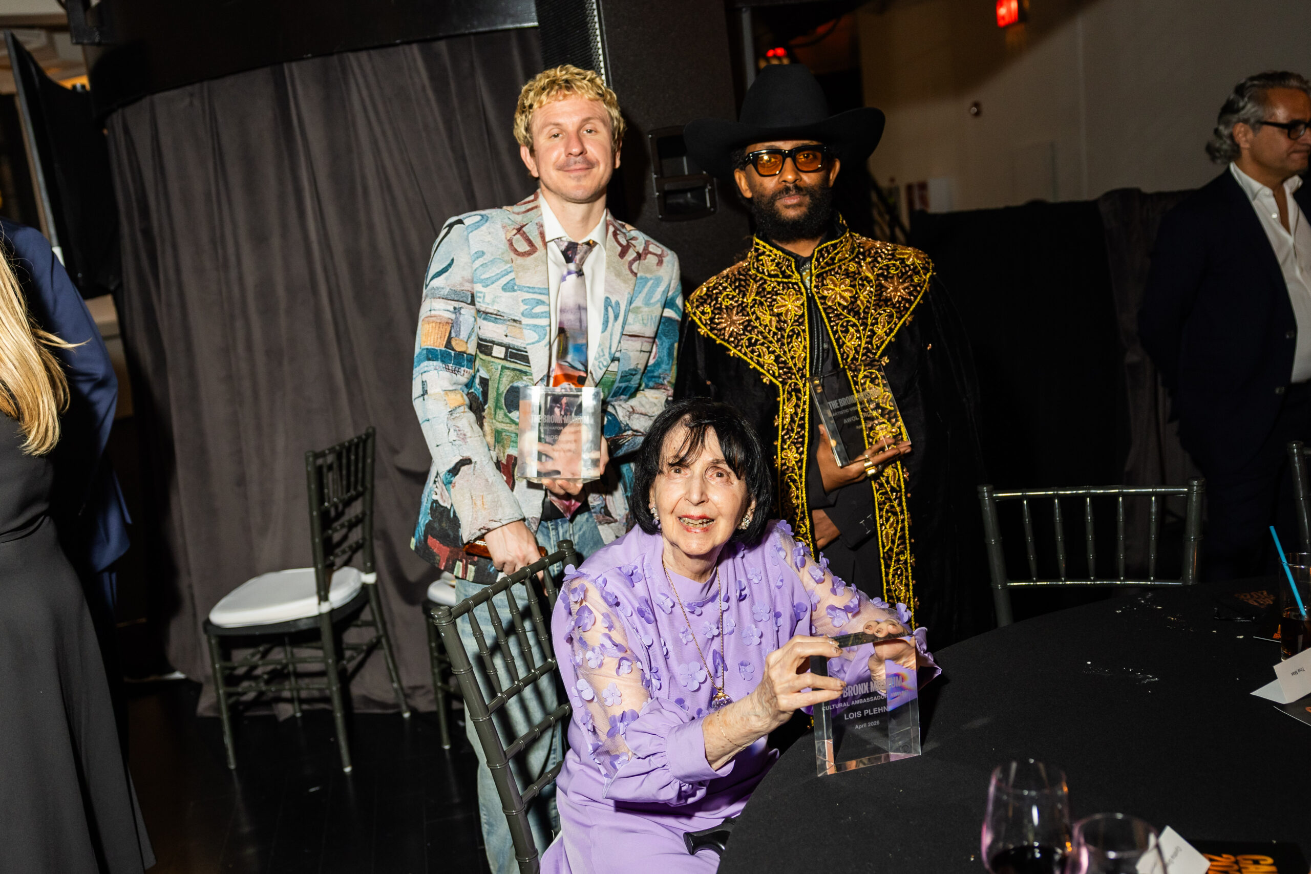KidSuper (Colm Dillane), Awol Erizku, and Lois Plehn pose for a portrait at the 2026 Bronx Museum Gala