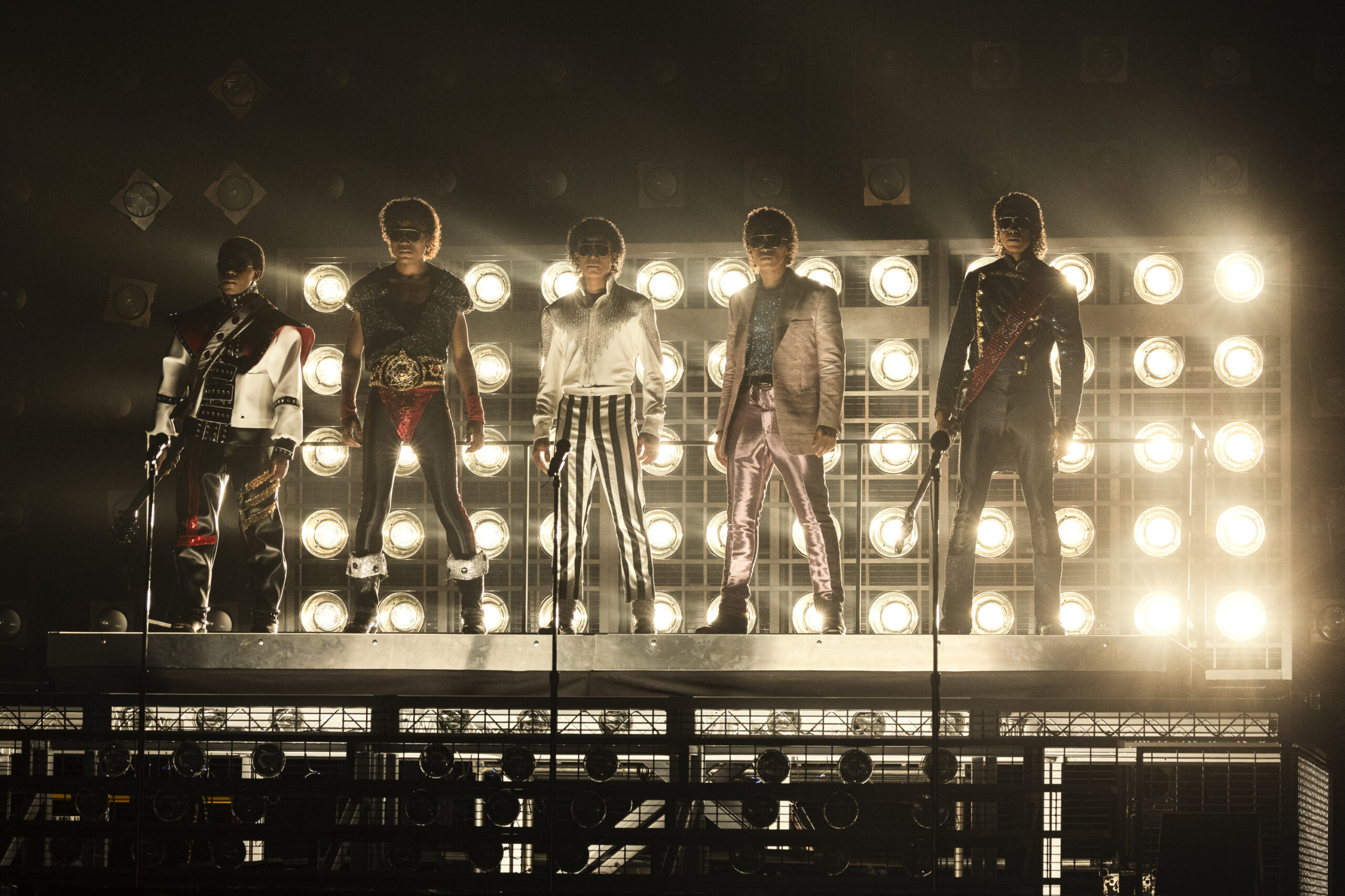 Rhyan Hill as Tito Jackson, Tre' Horton as Marlon Jackson, Jaafar Jackson as Michael Jackson, Joseph David Jones as Jackie Jackson, and Jamal Henderson as Jermaine Jackson in the Michael movie