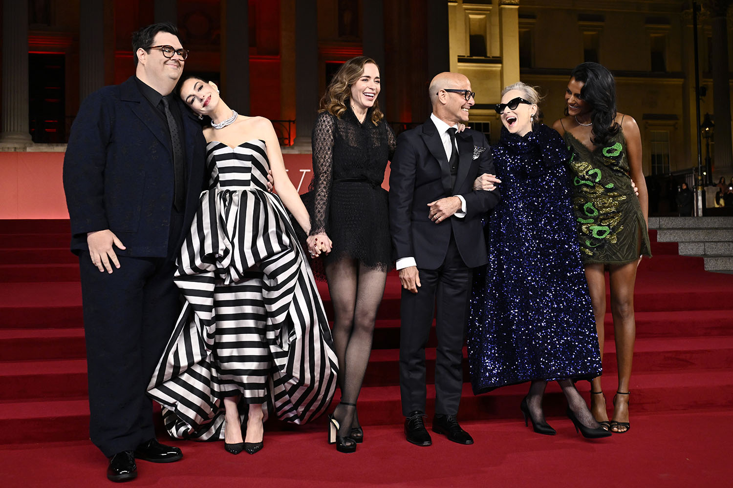 Caleb Hearon, Anne Hathaway, Emily Blunt, Stanley Tucci, Meryl Streep and Simone Ashley attend "A Night With Runway" Photocall for "The Devil Wears Prada 2" at The National Gallery on April 22, 2026 in London, England. 
