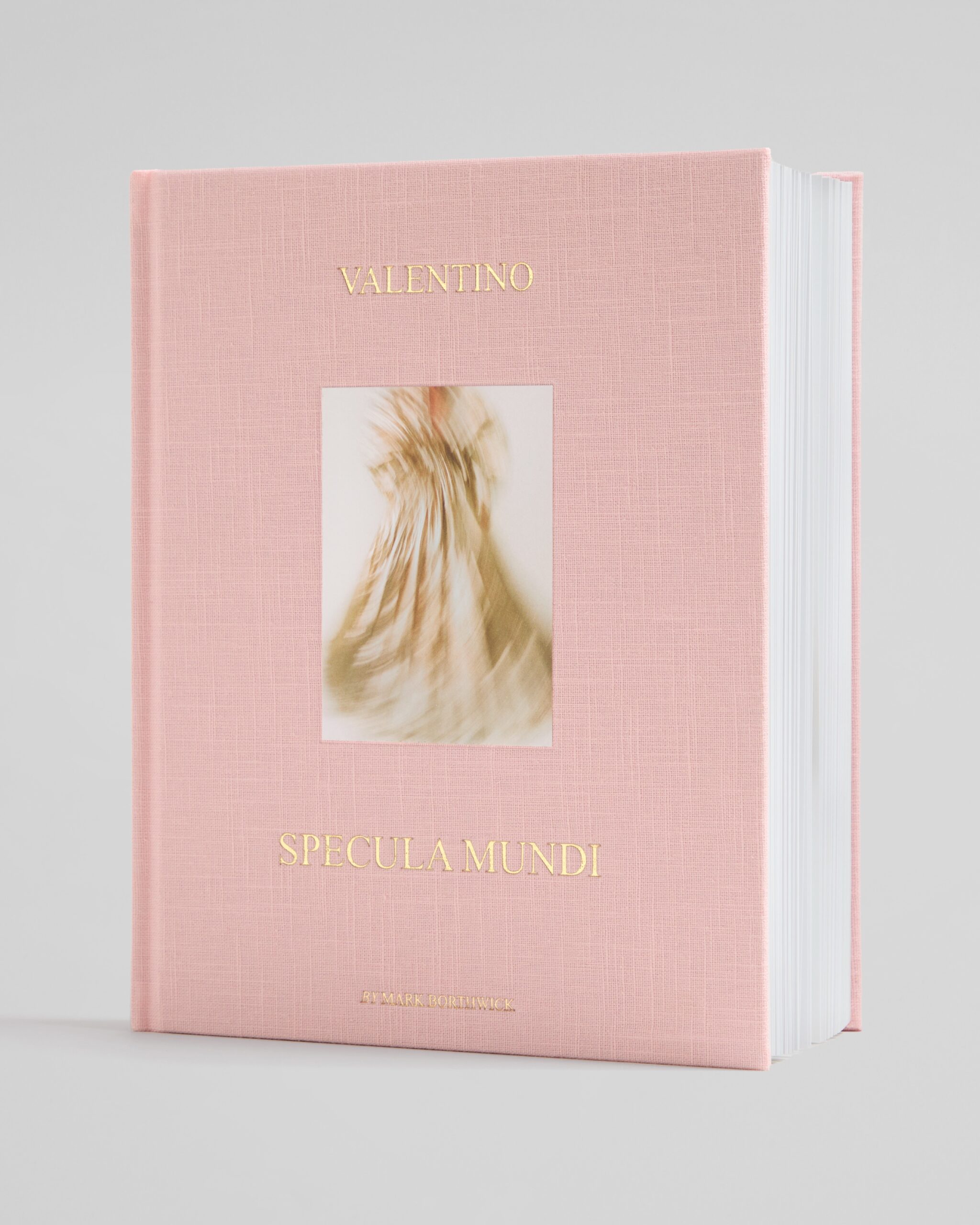 The Specula Mundi book, in pink with gold printed text, is positioned for a portrait
