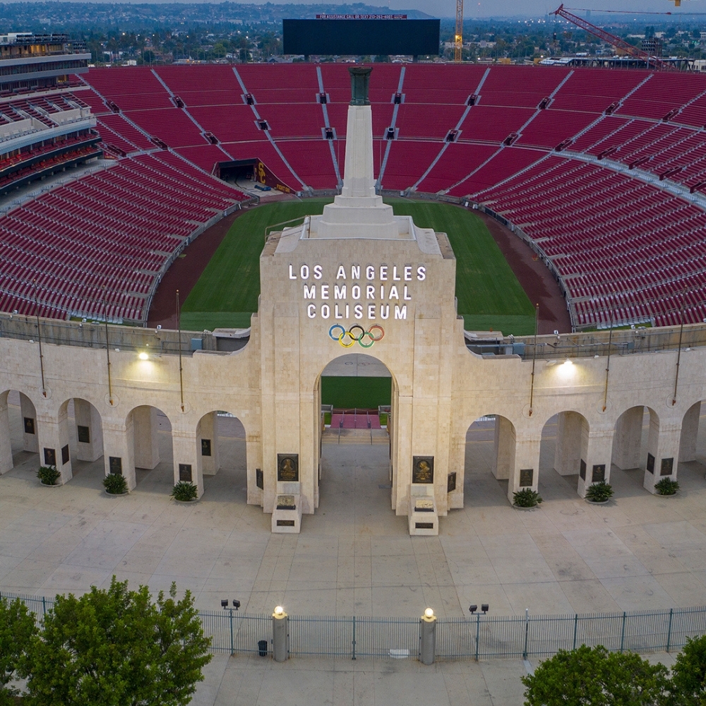 Aerial shot of the Los Angeles Memorial Coliseum which will host the LA28 Olympics