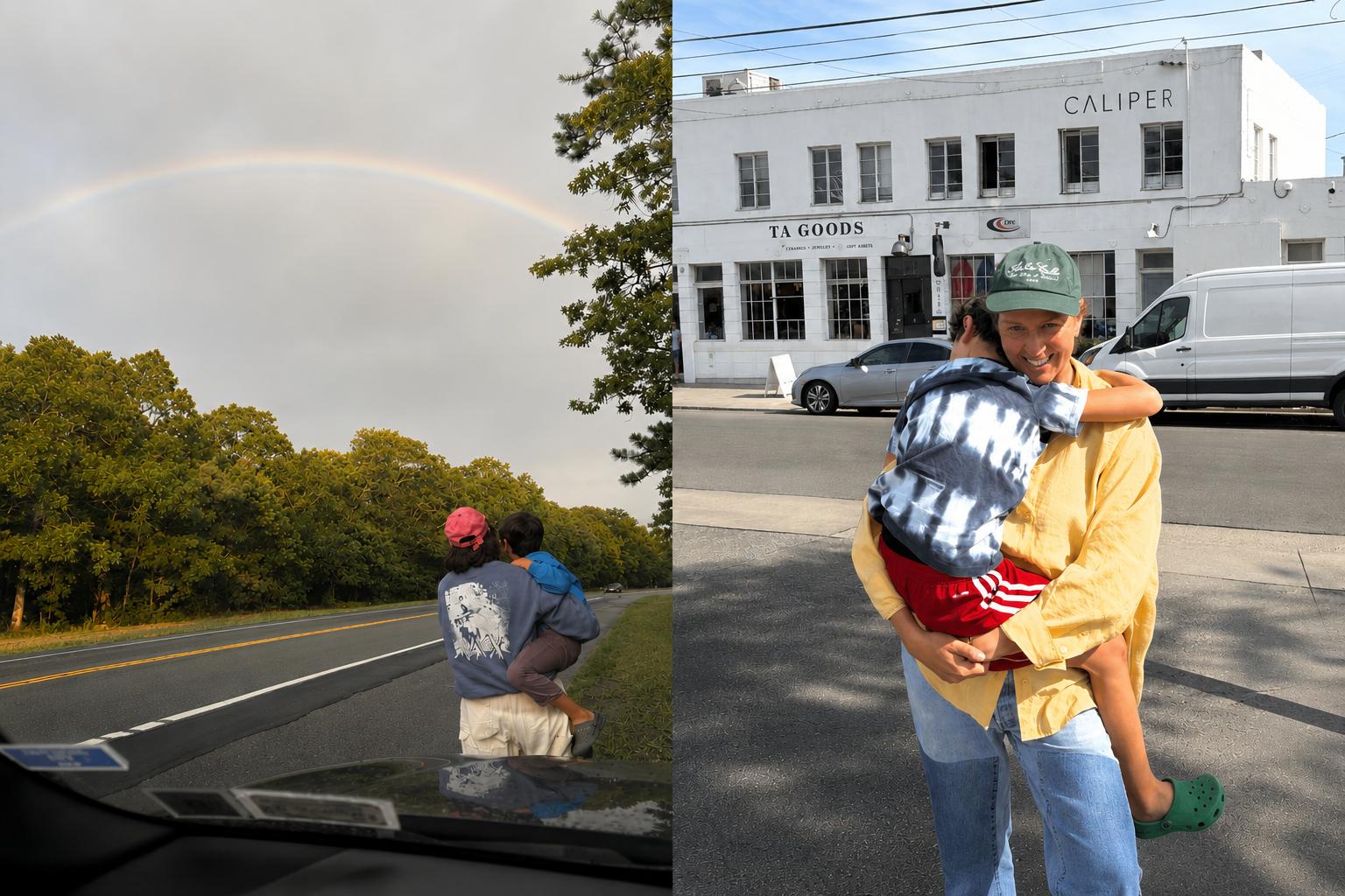 Sam and Arthur Moyer are seen watching a rainbow and posing for a portrait in an embrace