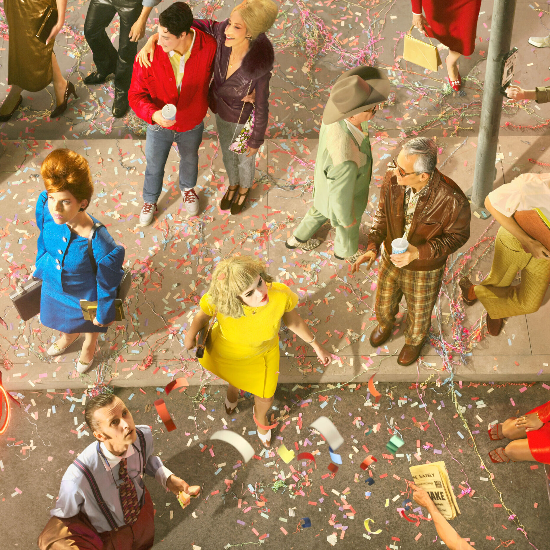 Crowd gathered on a colorful staged city street with confetti.