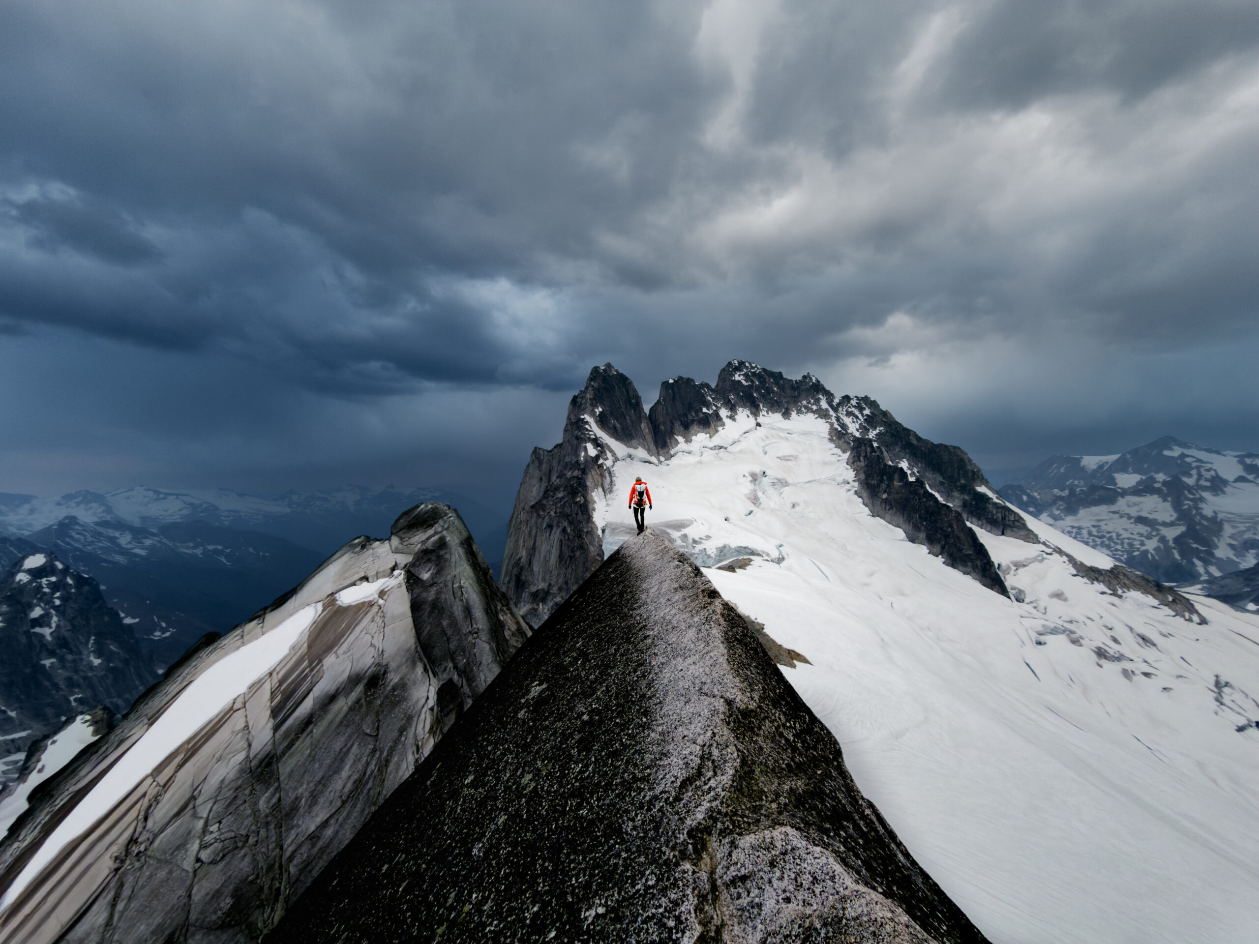Snow-covered mountain ridge in the Bugaboos photographed by Jimmy Chin.