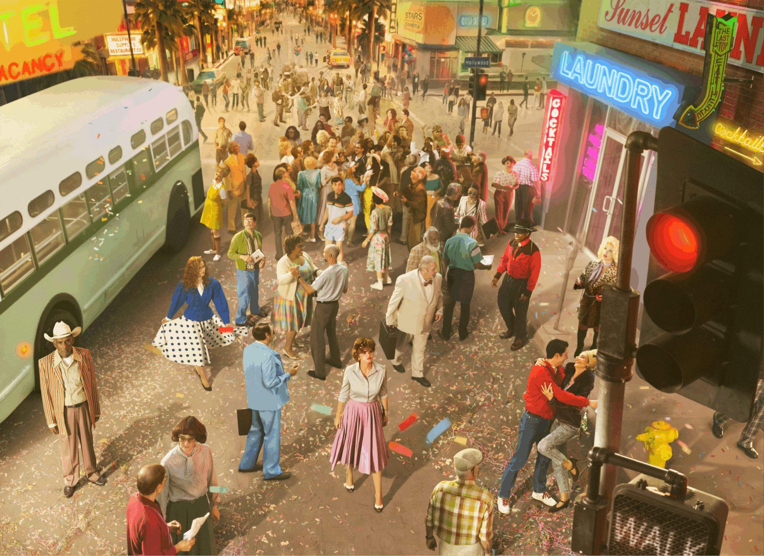 Crowded retro city street with a bus, neon signs, and confetti in Alex Prager’s staged photograph.